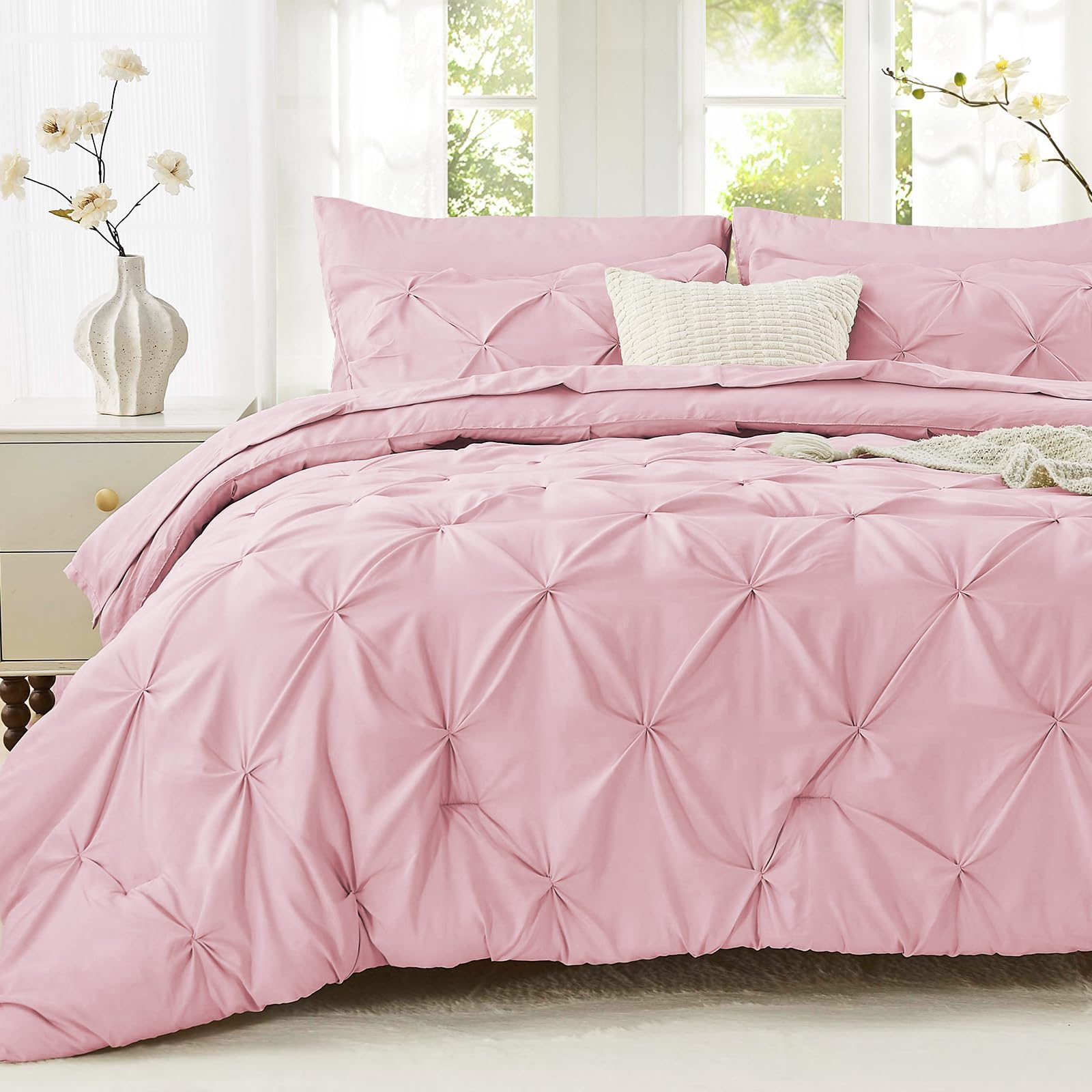 Sasttie California King Comforter Set, 7-Piece Bed in a Bag, Pintuck Bedding Sets for All Season, Includes Comforter, Flat Sheet, Fitted Sheet, Pillowcases and Pillowshams, Baby Pink Image