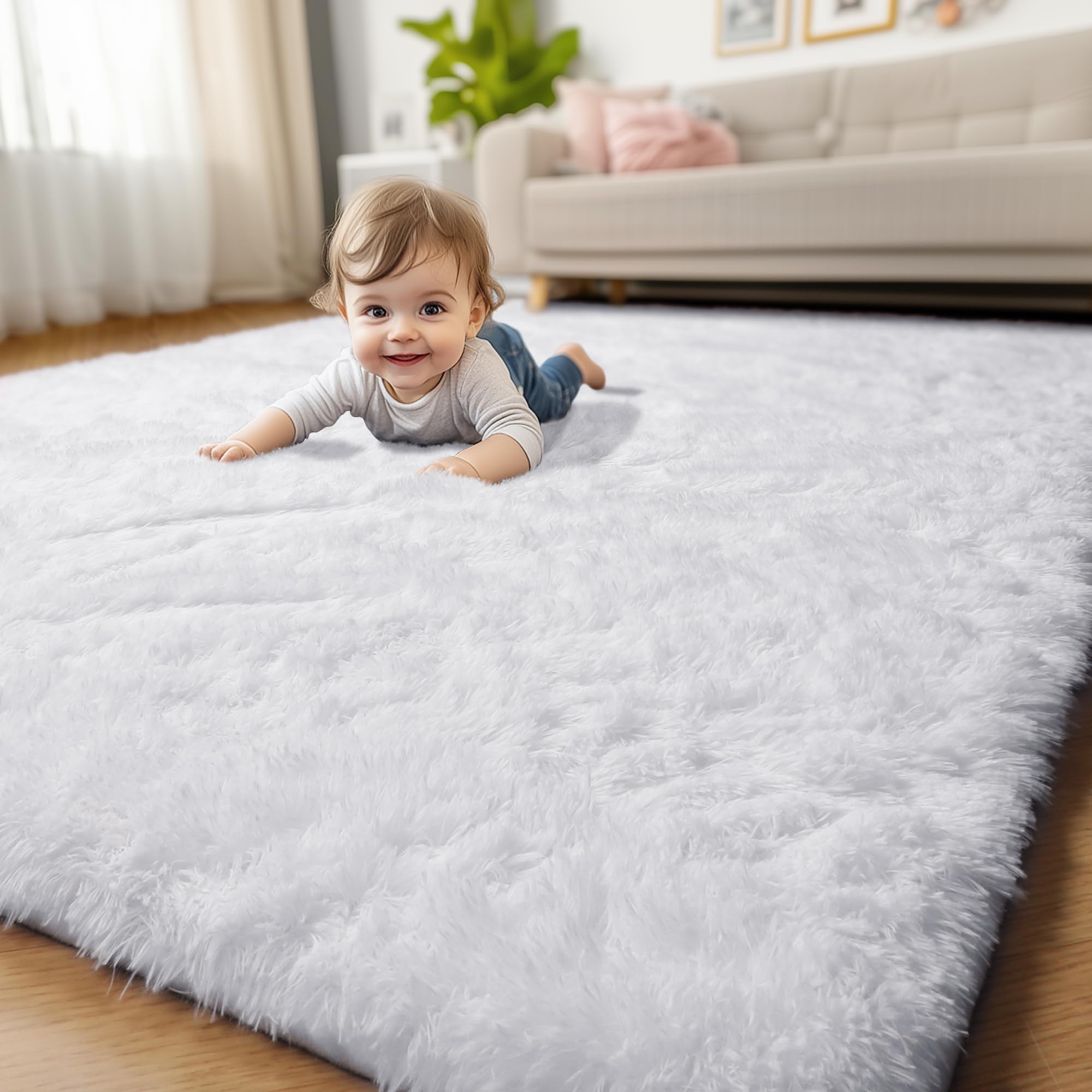 White Shag Fluffy Runner for Living Room, Modern Furry Shaggy Throw for Kids, Teen Girls, Dorm, Baby Nursery, Cute Fuzzy Carpet