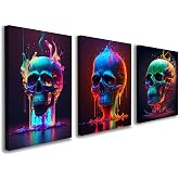 3 Piece Canvas Wall Art Set Framed Modern Abstract Colorful Skull Artwork for Living Room, Bedroom, Office, or Gaming Room Decor, Includes Hooks and Nails, 12x16 Inch