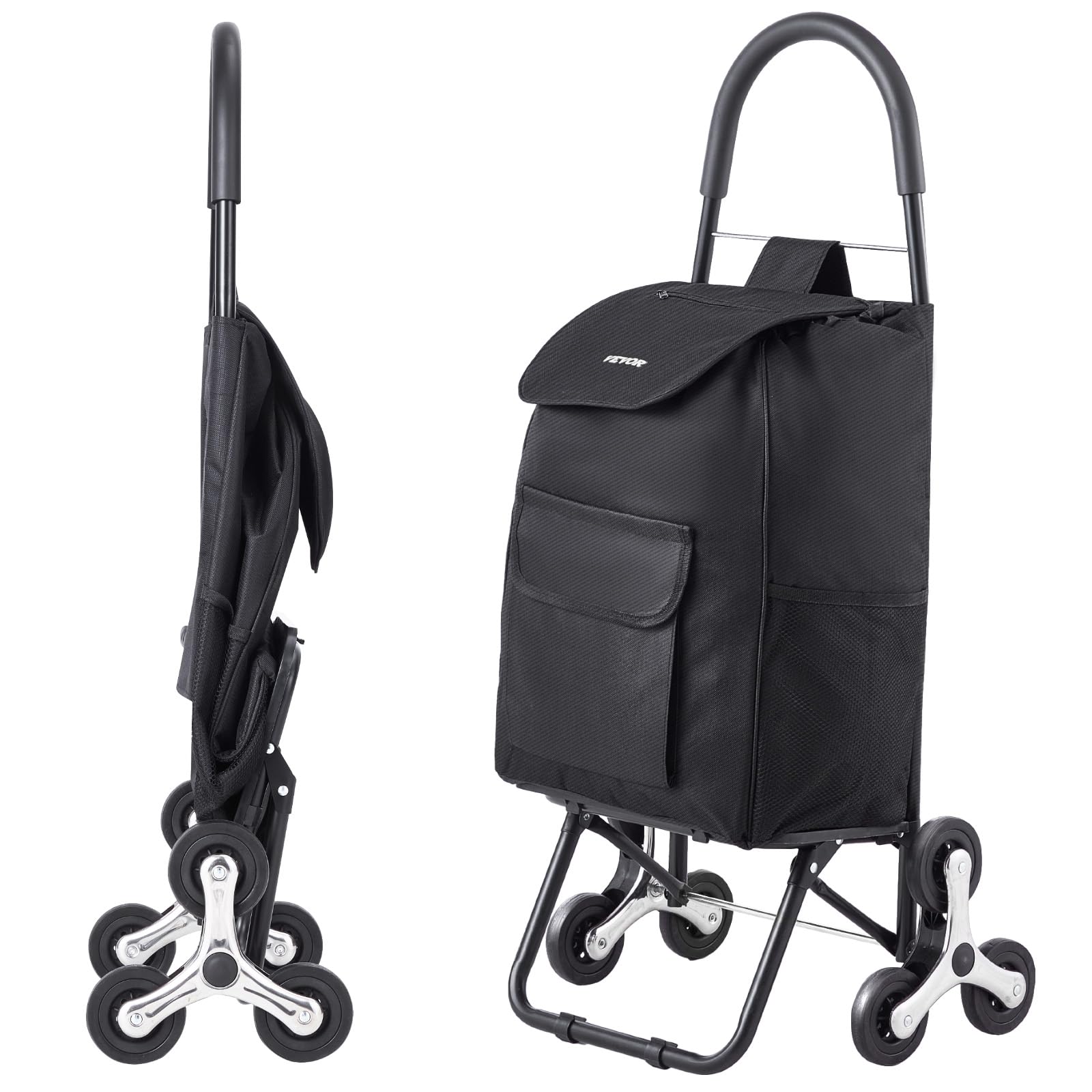 Photo 1 of ***(MISSING WHEELS, SELLING AS PARTS ONLY)*** 
VEVOR Stair Climber Folding Shopping, 36L Grocery Cart Trolley Laundry Stair Climbing Handcart with 6 Wheels & Oxford Cloth Bag, Foldable Cart for Shopping Grocery Laundry, 
Black***(MISSING WHEELS, SELLING A