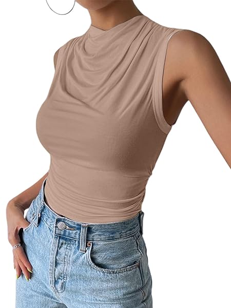 SOFIA’S CHOICE WOMEN’S SEXY SLEEVELESS MOCK NECK CROP TANK TOP SIDE RUCHED SLIM FIT SHIRT KHAKI MEDIUM