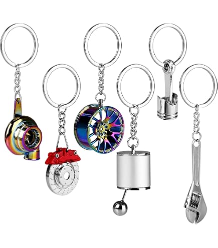 Zinc Alloy Car Parts Keychain Set - 6 Metal Automotive Keyrings With ...