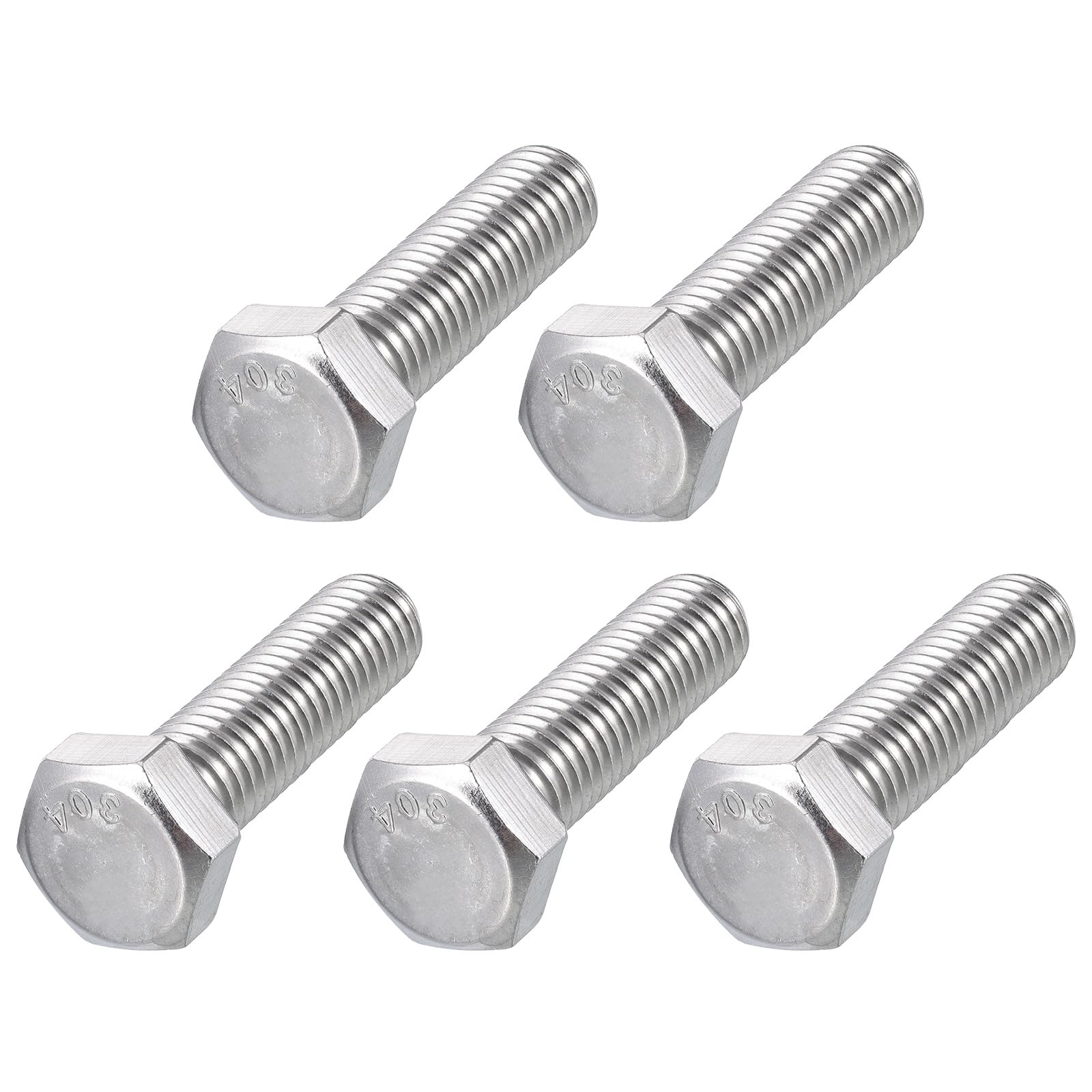 METALLIXITY Hex Head Bolts (1/2-13 x 2") 5Pcs, 304 Stainless Steel 18-8, Fully Threaded, External Hex Drive, Plain Finish, Hex Head Screw Bolt, Silver