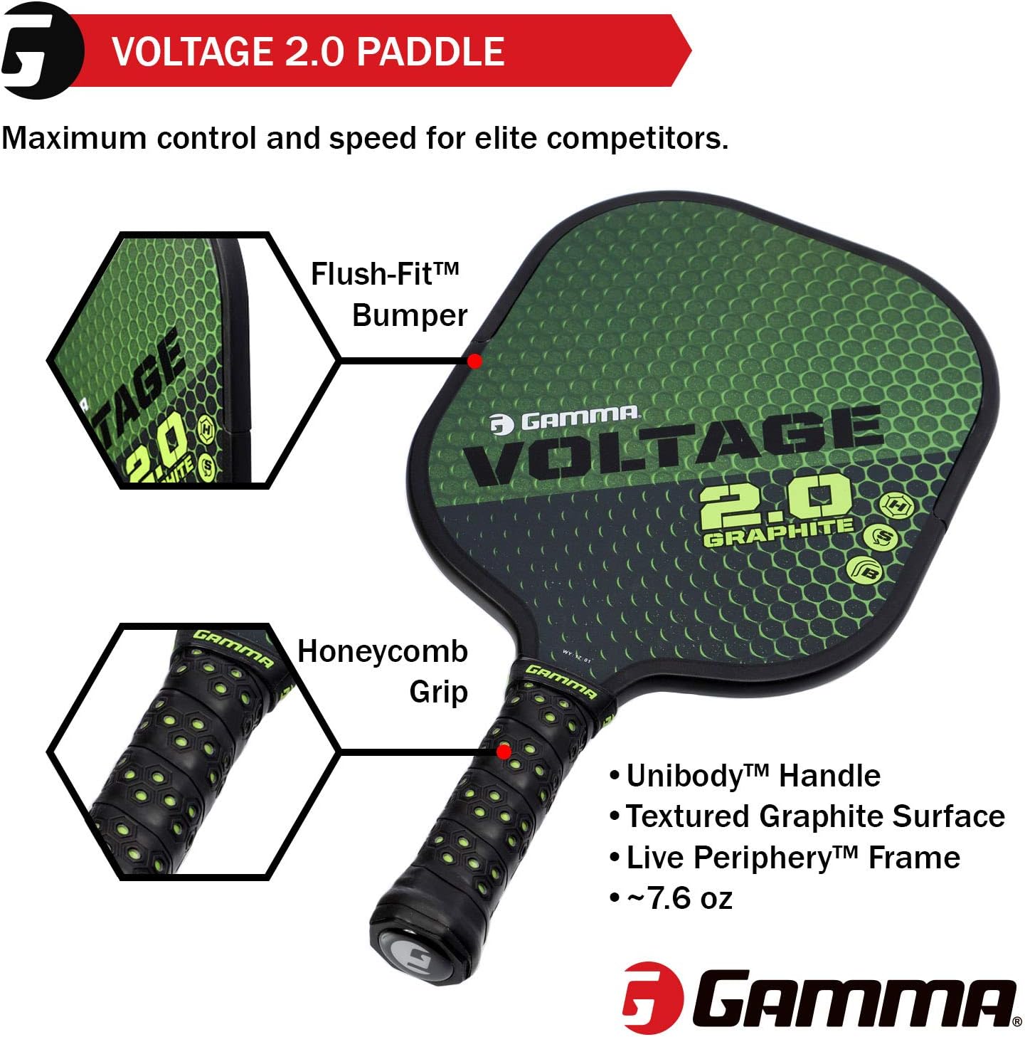 GAMMA Sports 2.0 Voltage Pickleball Paddle: Mens and Womens Textured Graphite Face Pickle-Ball Racquet - Indoor and Outdoor Racket: Green, ~7.6 oz : Sports & Outdoors