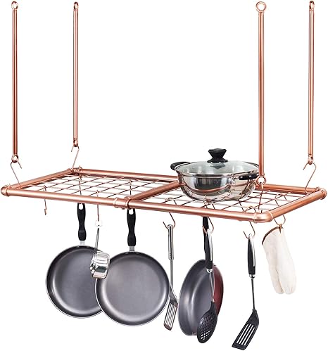 Amazon Co Jp Mygift 銅製トーン 工業用パイプ キッチン 天井吊り鍋 フライパンラック ホーム キッチン