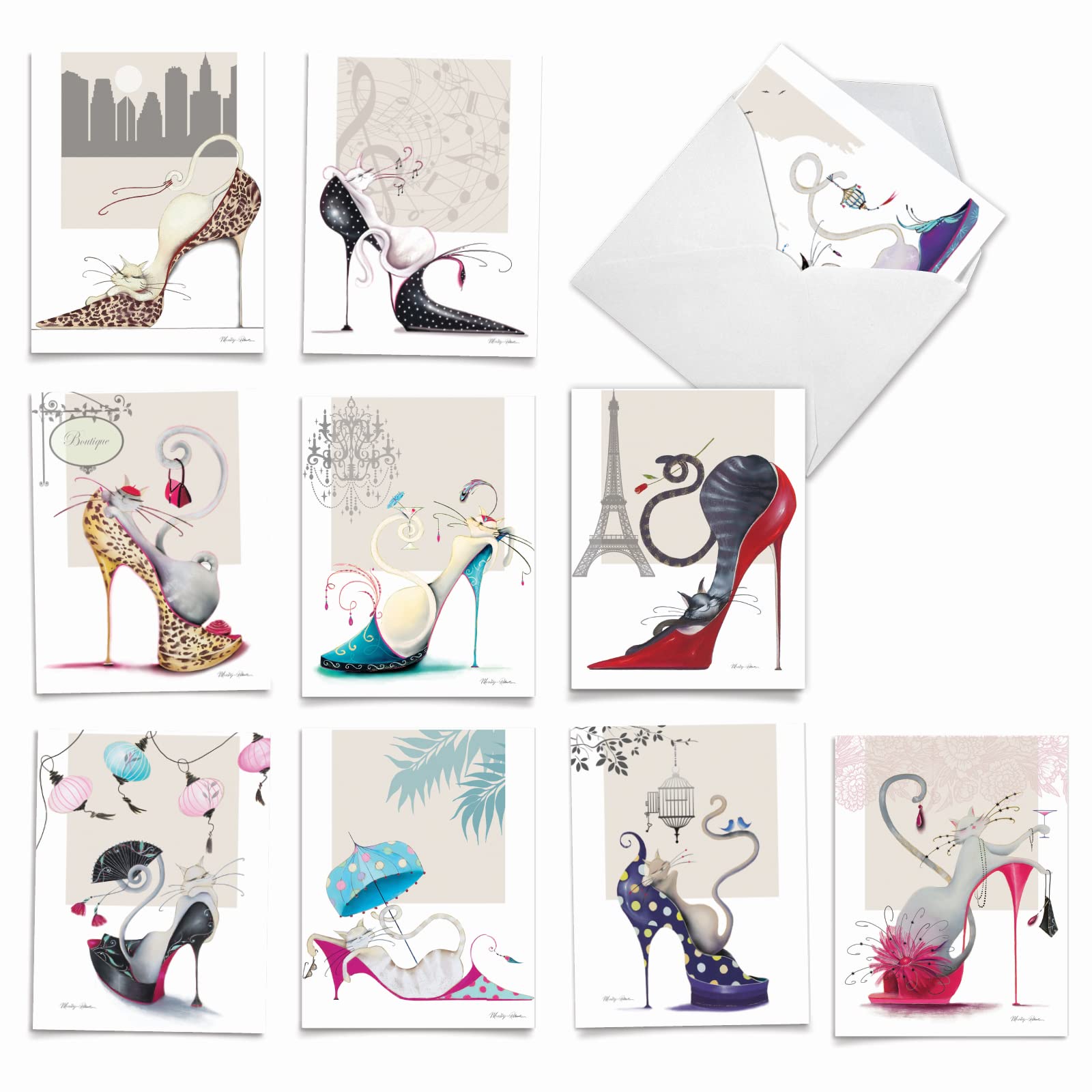 10 Blank Note Cards for Any Occasion, Assorted 'Catitude Shoes' Greeting Cards for Invitations, Birthday, Mother's Day, Stationery Note Cards (4'' x 5 ¼'') with Envelopes - NobleWorks #M3324