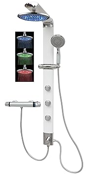 Duschset mit Thermostat Duschsystem Duschpaneele Duschsäule Led Regendusche Armatur Massagejets Wand und Eckmontage Weiss