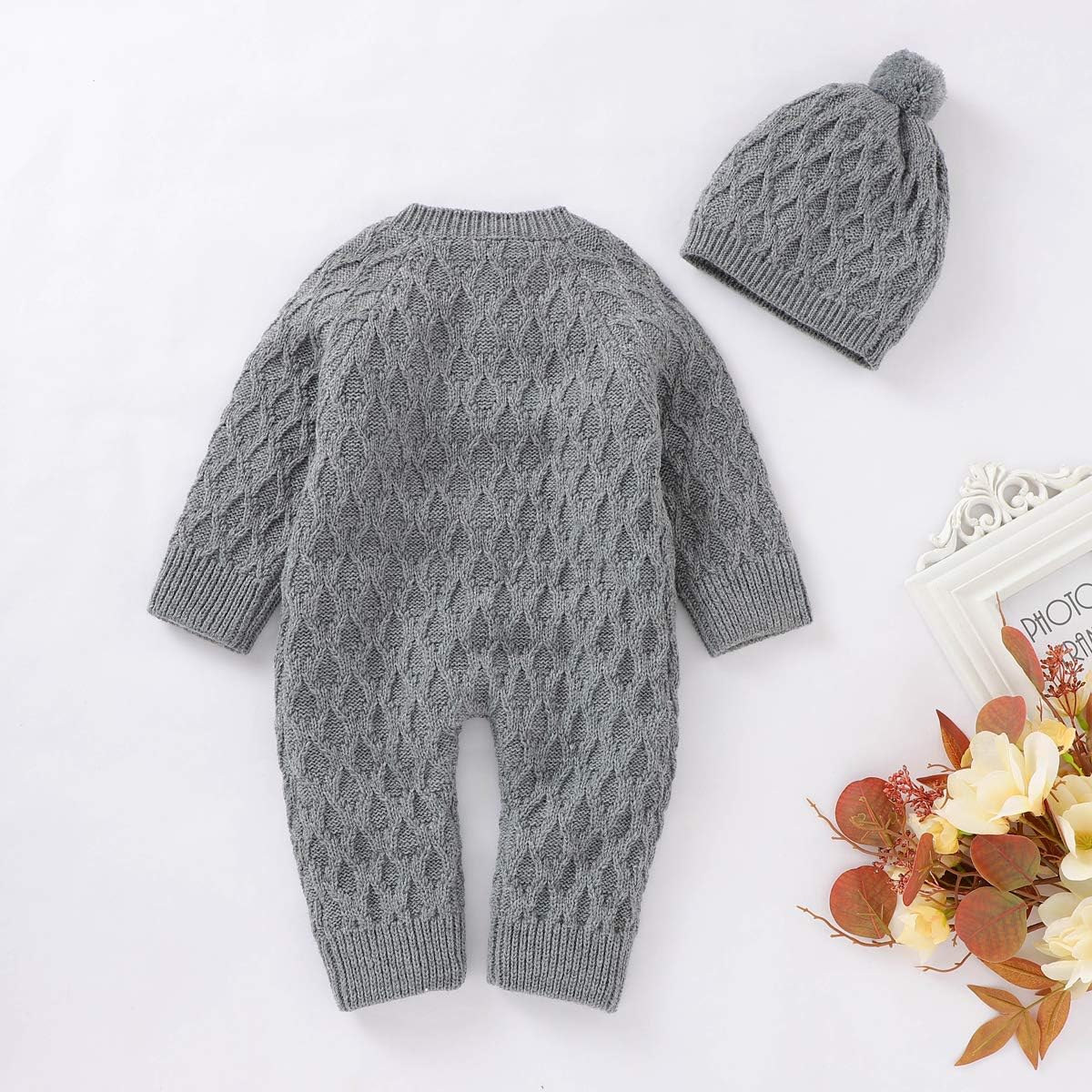 Hadetoto Newborn Baby Romper Knitted Sweater Long Sleeve Jumpsuit Outfits with Warm Hat: Clothing