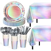 Iridescent Party Supplies Decorations,132 Pcs Disposable Iridescent Paper Party Plates Cups Knives Spoons Fork for Birthday Wedding Outdoor Picnic,Disposable Plastic Tablecloths for Dinner,Holiday