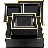 Goodluck 100 Black Pack Square Plastic Plates With Gold Rim, Heavy Duty 50 Dinner Plates 9.5" and 50 Dessert Plates 6.5", Fancy Disposable Plates for Wedding, Holiday Party, Birthday, Halloween