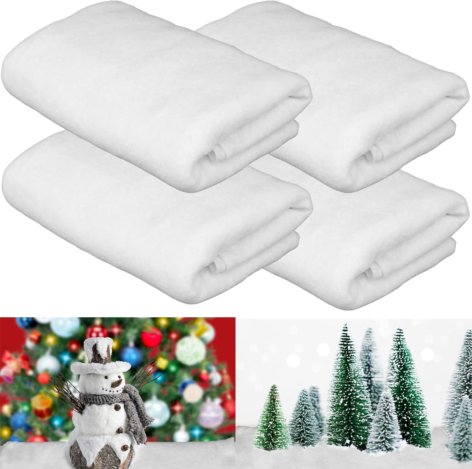 Artificial Snow - 4 Pack 2.95 x 8feet Christmas Snow Blankets, Thickened White Cotton Blanket Fluffy Artificial Snow Carpet Fake Snow Covering Decorations Xmas Party Favors for Winter Decor Village Display Photo Prop