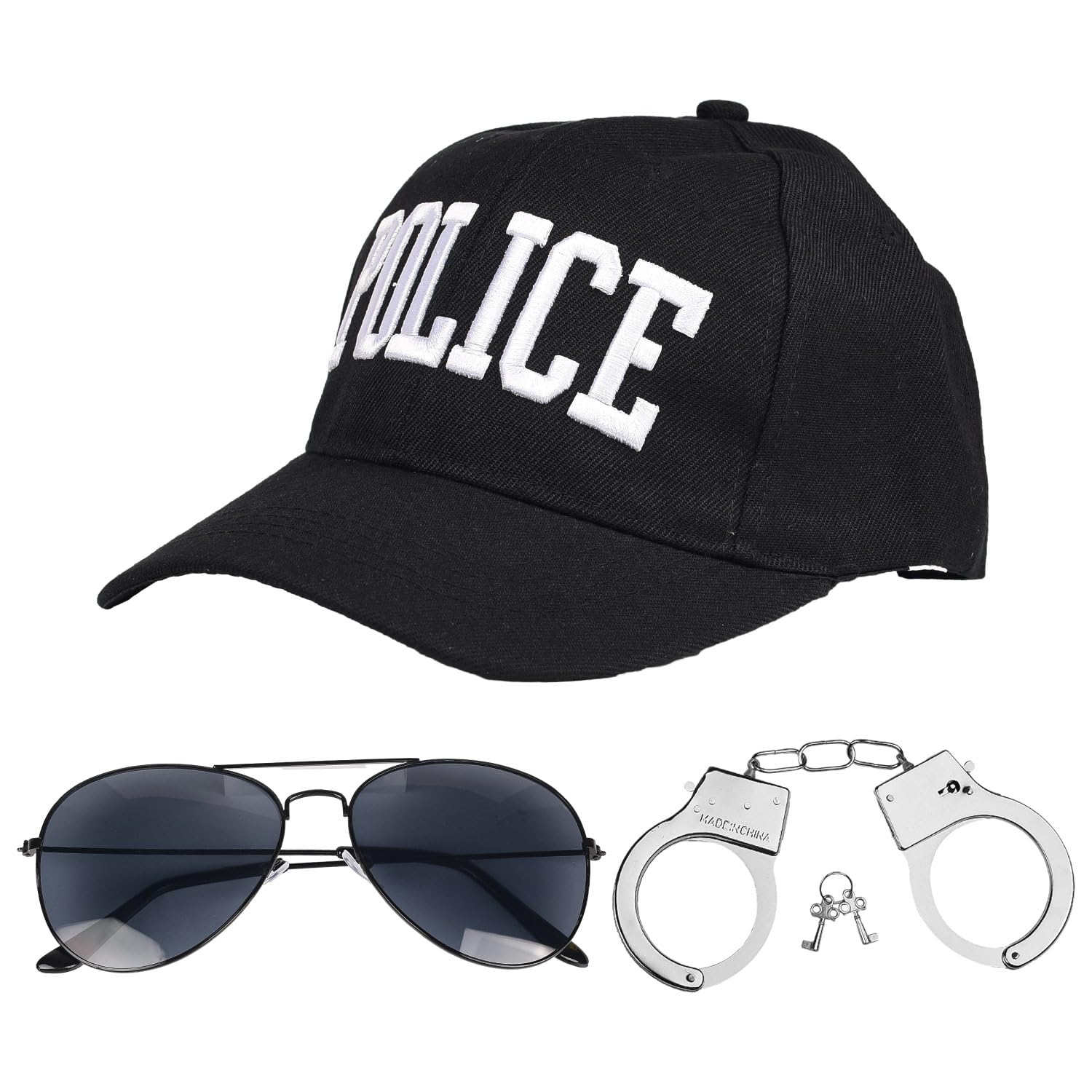 Lezevn 3Pcs Police Costume Accessories Police Baseball Hat Metal Hand Cuffs Sunglasses Halloween Dress Up Role Play