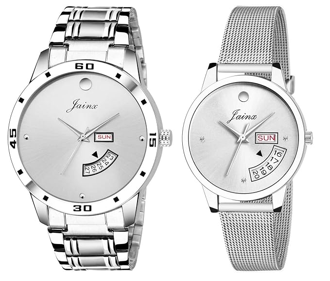 Jainx Silver Day and Date Analog Watch for Men, Women & Couple - JC452