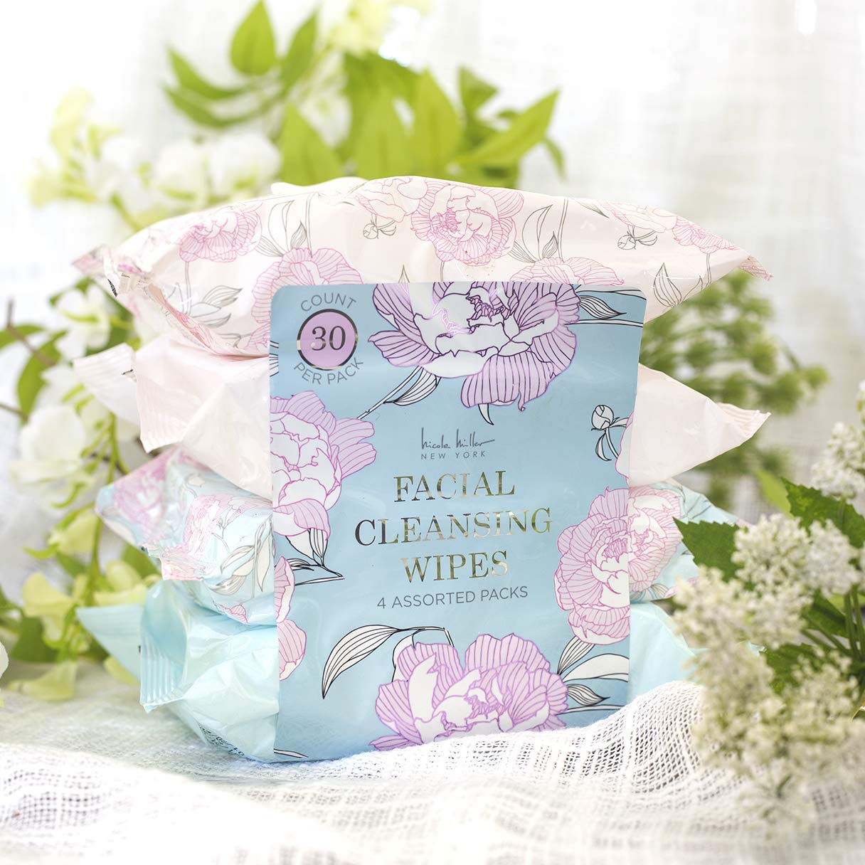 Nicole Miller 4 Pack Facial Cleansing Wipes (30 Count Each), 120 Facial Cleansing Cloths, Removes Makeup, Mascara, Dirt and Oil (Sweet Jasmine, Rose Gardenia, Pink Grapefruit & Island Coconut): Beauty