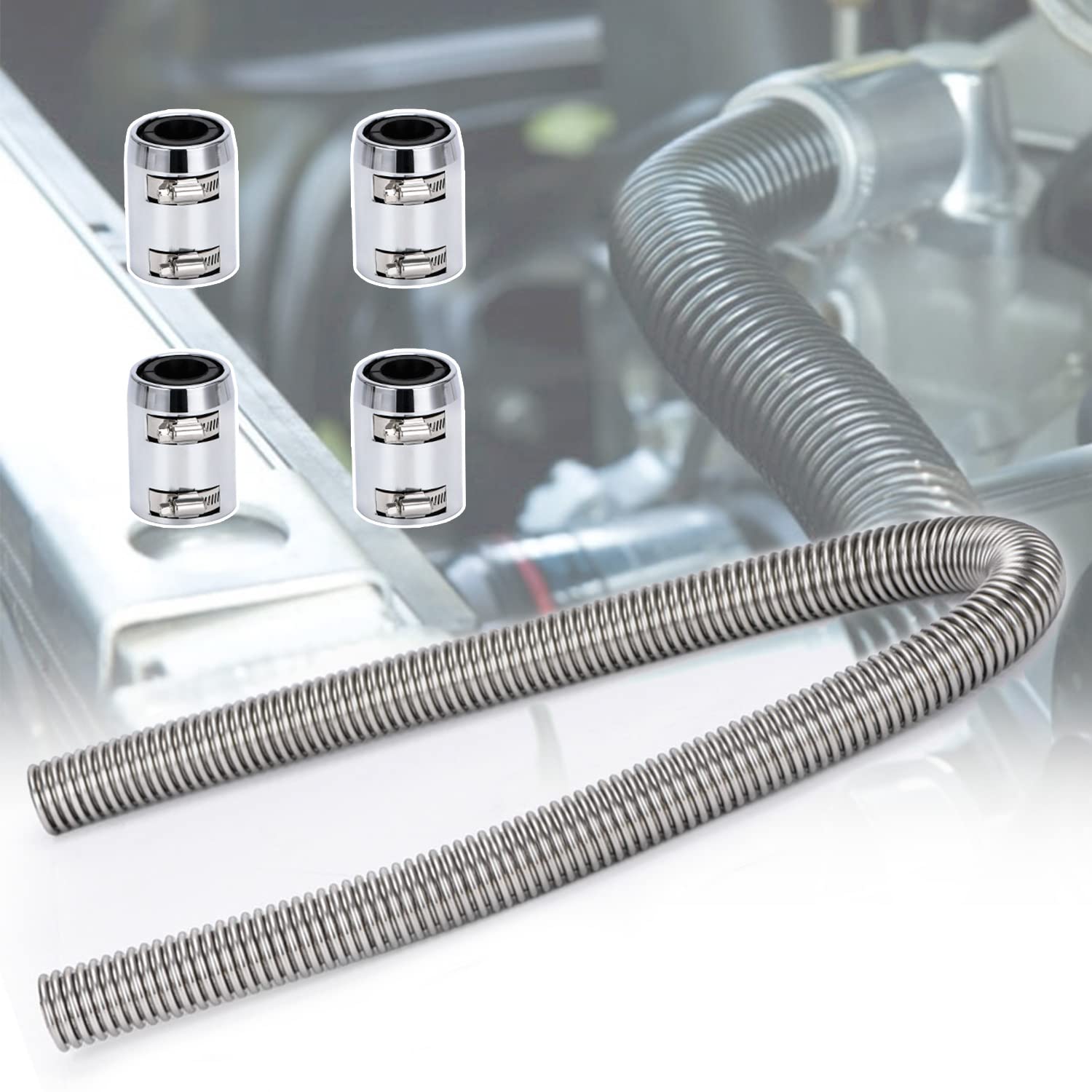 Photo 1 of Universal 48inch Flexible Radiator Coolant Hose Stainless Steel Kit with 4Pcs Cap Clamp Silver