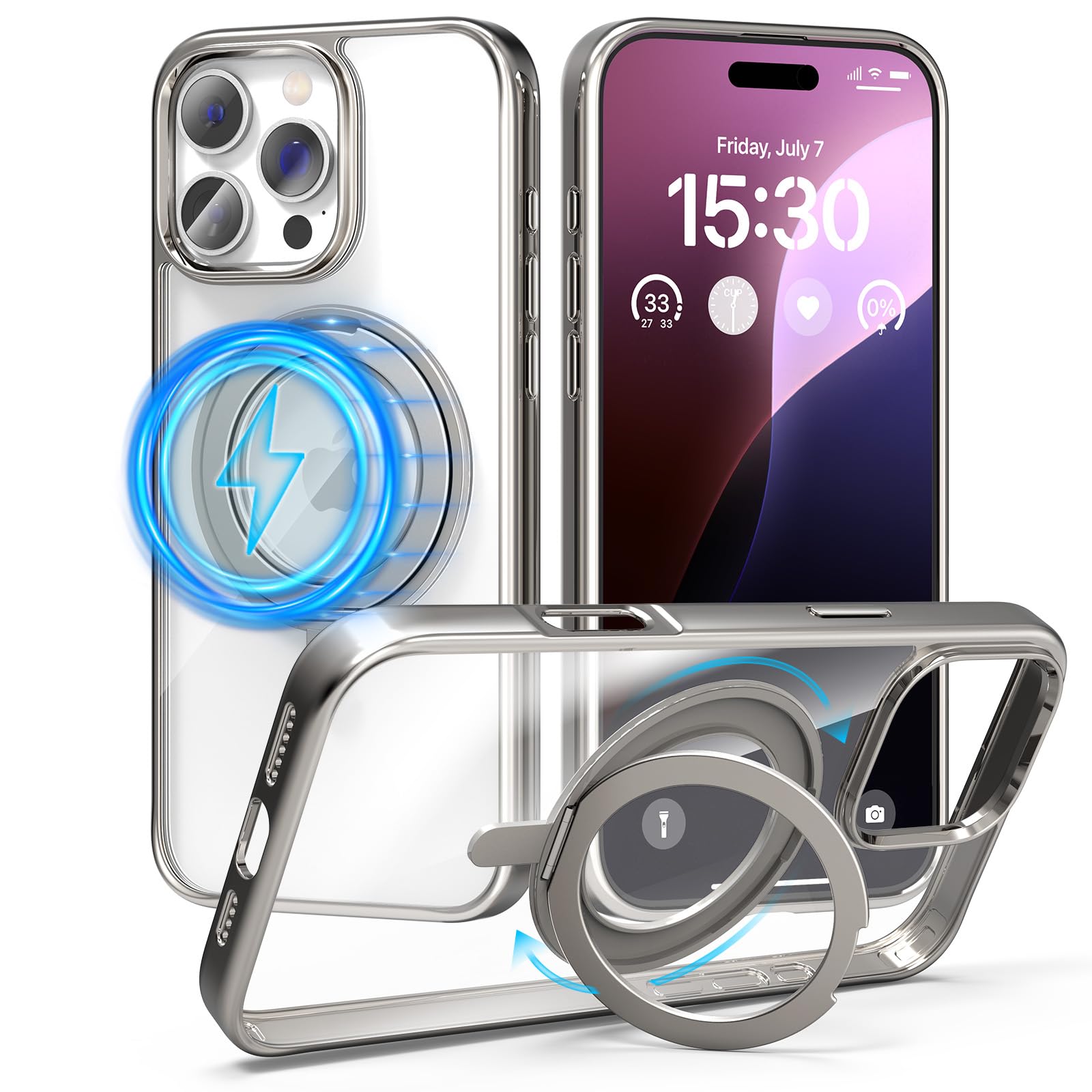 pcgaga Magnetic Phone Case for iPhone 16 Pro Max[Compatible with MagSafe Only Original][Not Yellowing][360° Invisible Ring Stand]Shockproof Clear Cover Slim Silver Plated Frame for Women Men 6.9" 2024