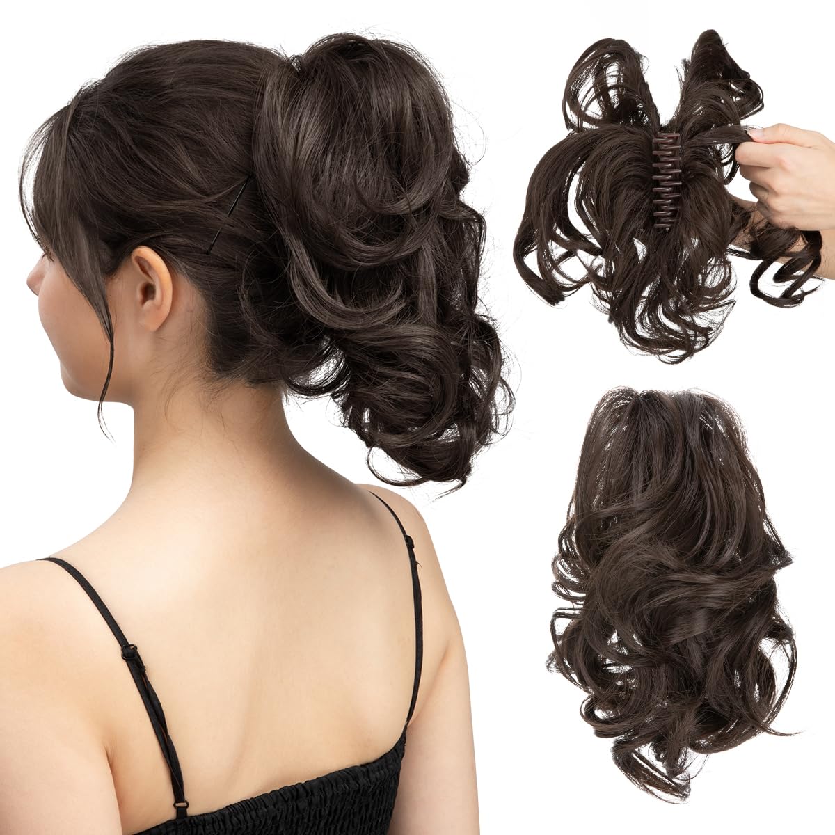 CJL HAIR Claw Clip Short Ponytail Hair Extensions DIY Bendable Metals Messy Bun Hair Piece for Wonen Wavy Curly Synthetic Fake Hairpieces Dark Brown