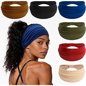6 Pack Knotted Wide Headbands for Women, Non Slip Sweat Absorbent Hair Band | Soft Stretch Thick Fabric Knotted Wide Head Ban