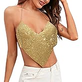 RONGXG Sexy Women Rhinestone Top Metal Chain Crop Top Backless Sleeveless Vest Sequin Halter Tank Nightclub Party Dance Rave Gold