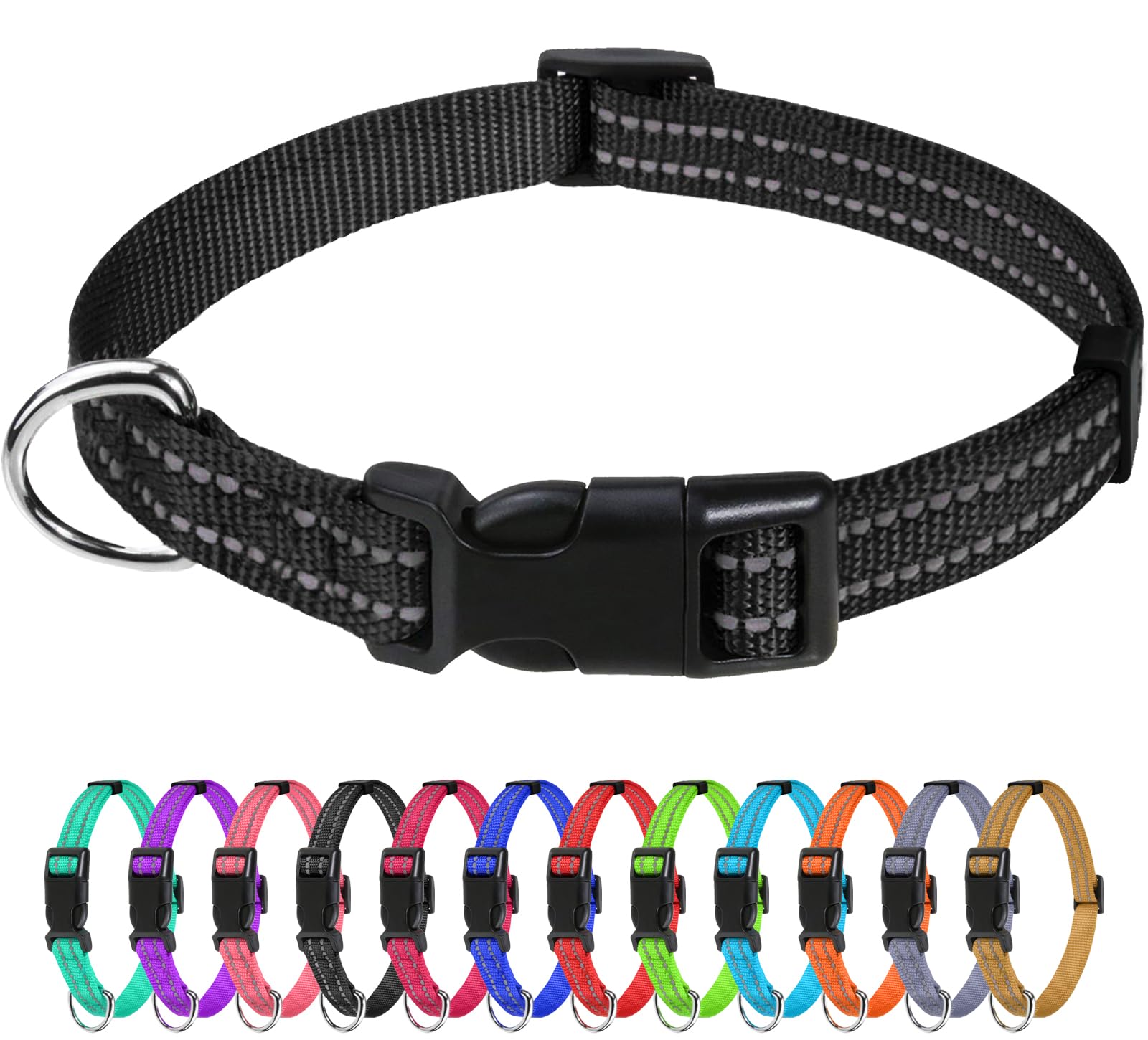 TagME Reflective Nylon Dog Collars, Adjustable Classic Pet Collar with Quick Release Buckle for Puppy, Black, 1.0 cm Width