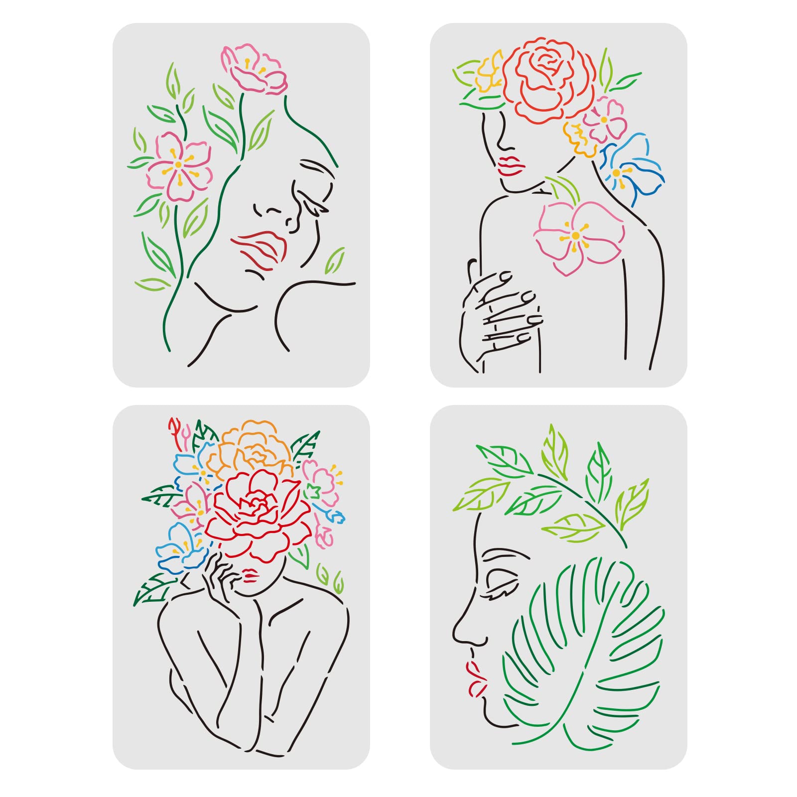 FINGERINSPIRE 4-in-1 Women's Floral Face Stencil - 29.7x21cm Plastic DIY Decor for Wood, Floor, Wall & Window