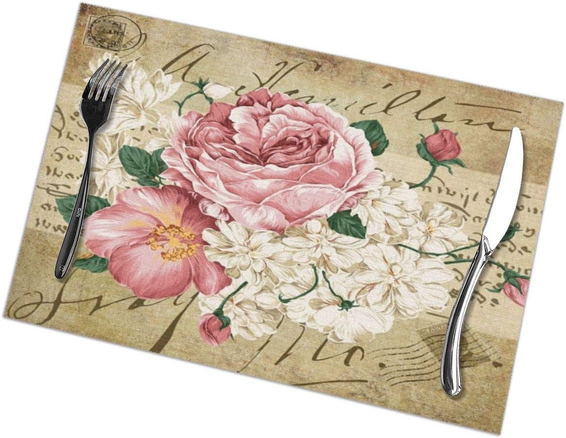 KiuLoam Vintage Floral Placemats Set of 6 Rustic Pink Rose White Flowers Washable Table Mats Heat Insulation Stain Resistant Place Mats for Home Kitchen Dining Party Decor 12 x 18 Inch