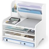 Bamboo File Organizer for Desk, Paper Tray with Pen Holder-White | Open tiers and a pen holder sort Letter/A4 paper, folders and office supplies while keeping your workspace clutter-free