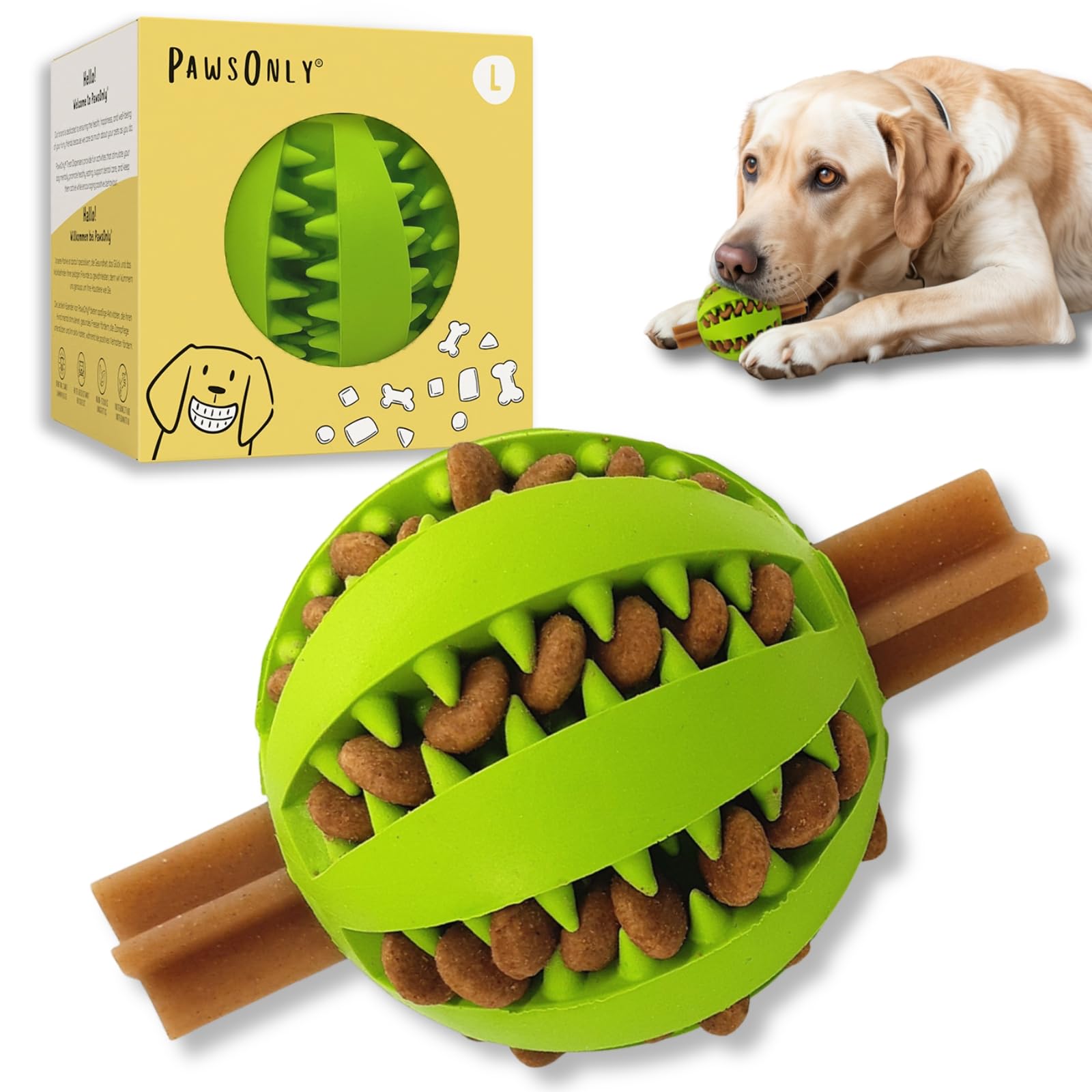 PawsOnly | Dog Treat Ball Dispenser | Interactive Toy for Boredom | Enrichment & Mental Stimulation | Safe Rubber Feeder | Puppy Challenging Activity (Large 8cm/3.15in, GREEN, 1 Pack)