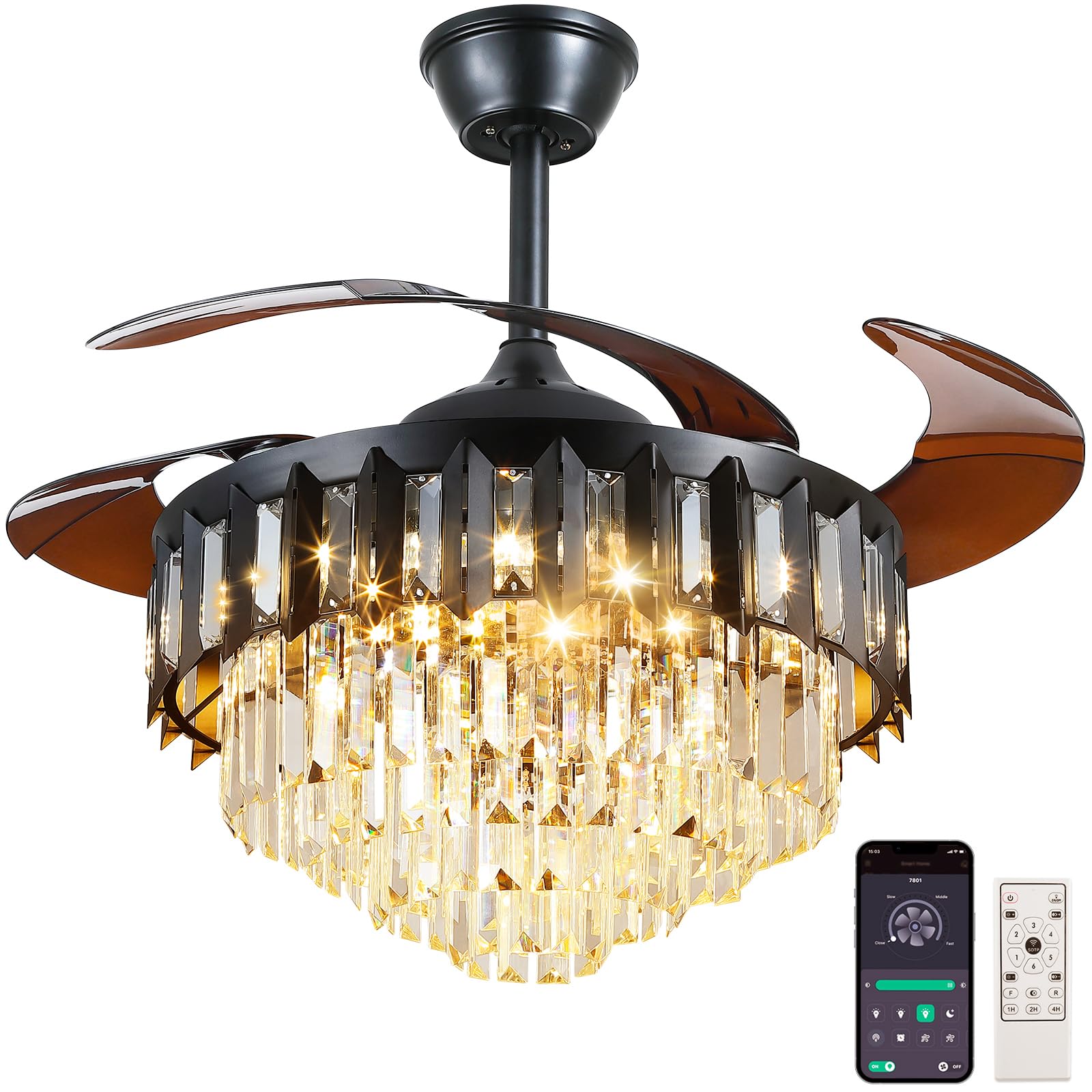 Photo 1 of Asyko Crystal Retractable Chandelier Ceiling Fan, Retractable Ceiling Fans with Lights Remote