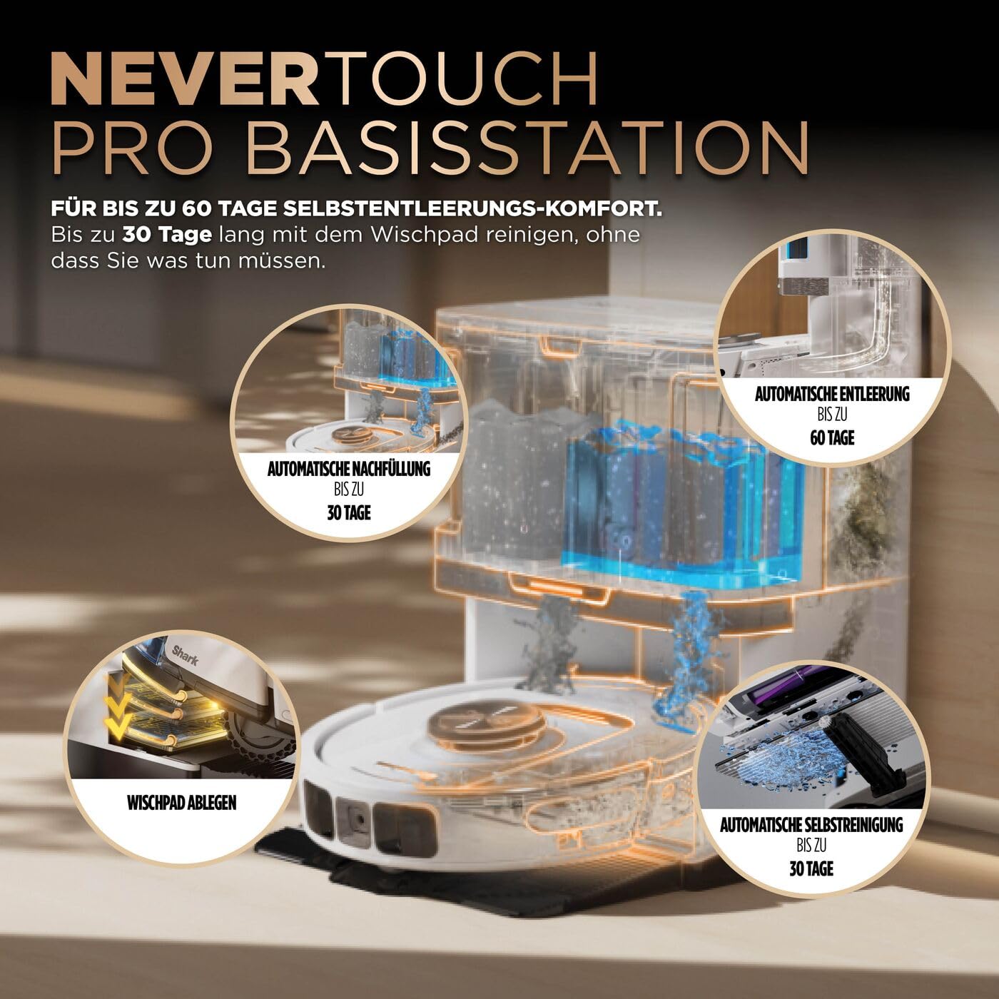 Shark PowerDetect 2-in-1 Saugroboter & Wischroboter, NeverTouch Pro 60-Tage-Selbstentleerung, selbständiges Nachfüllen & Reinigen, 3D-/ LiDAR-Navigation, NeverStuck, App-Steuerung, Weiß RV2800ZEEUWH 4