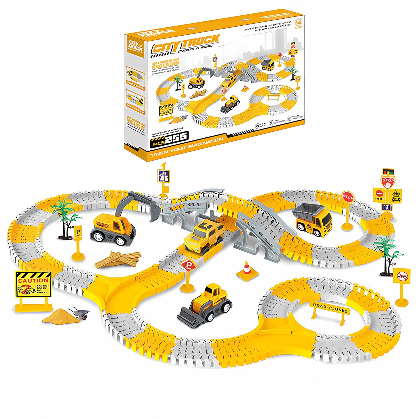 Construction Race Tracks Toys for Kids - 255-Piece Construction Car and Flexible Track Set Engineering Track Playset Gift for 3 4 5 6 Year Old Boys Girls
