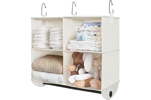 StorageWorks Hanging Closet Organizer with Metal Rod, 4-Section Closet Organizers and Storage, Collapsible Hanging Shelves for Baby Clothes, Shoes, Sweater Storage, Ivory and White