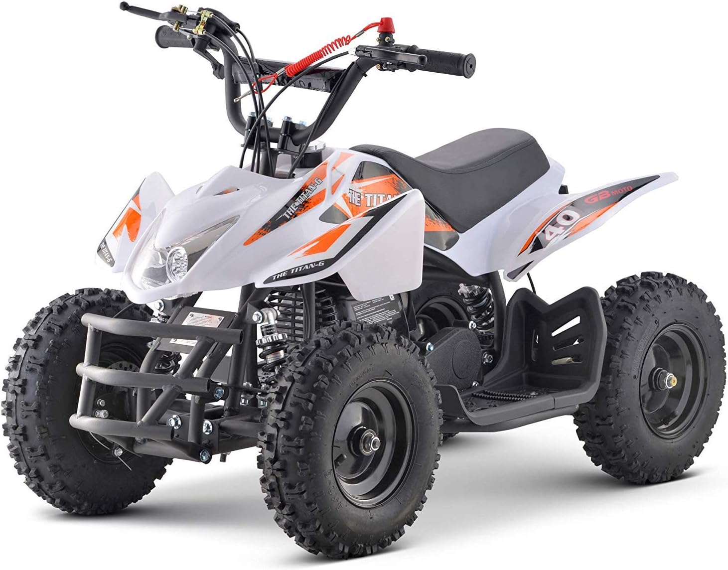 KFW Titan 40cc Gas Powered Kids ATV Kids 4 Wheelers Kids Quads, Speed Limiter and Kill Switch (White & Orange)