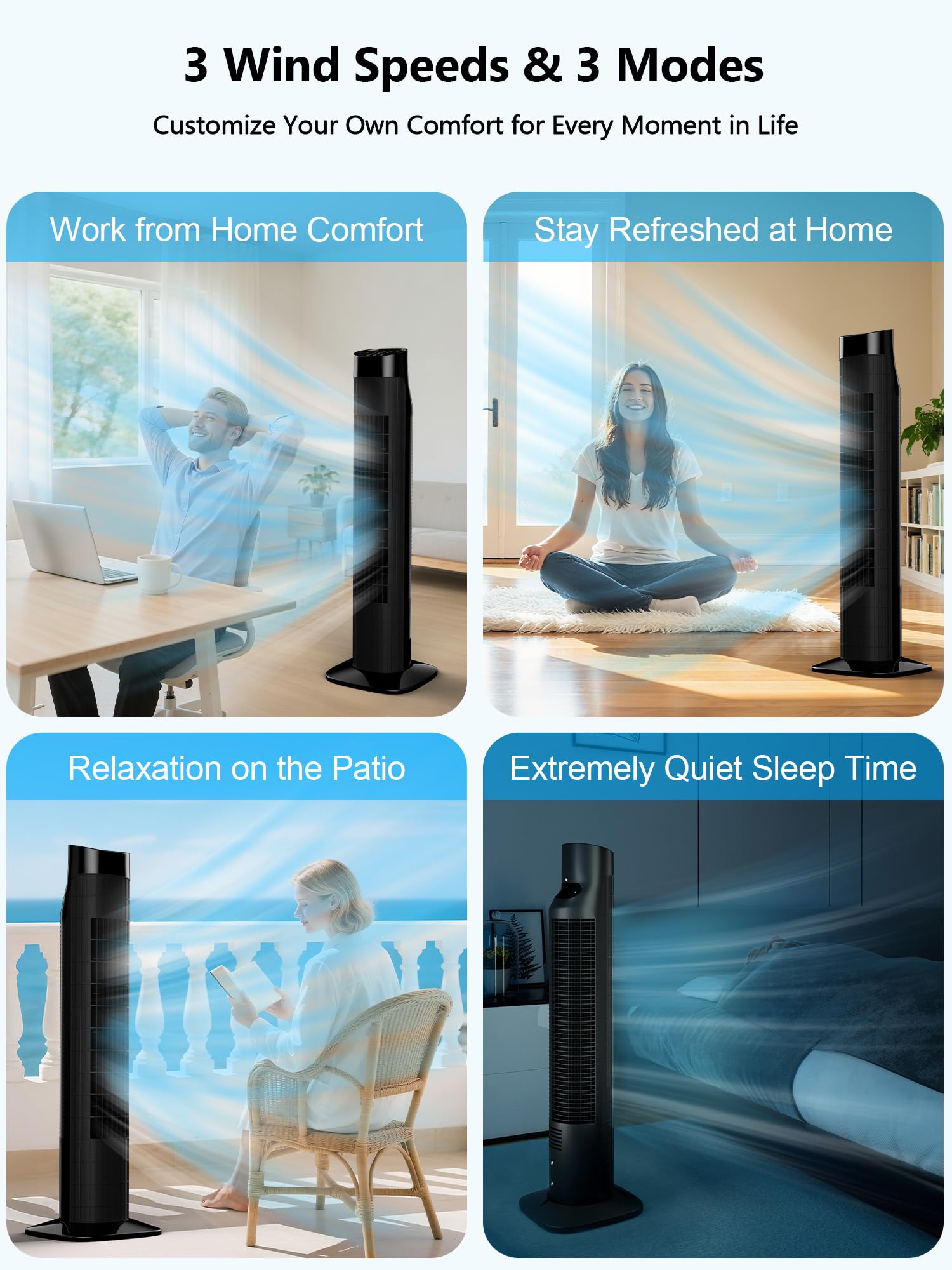 Uthfy 31 Inch Tower Fan for Bedroom, 120° Oscillating Quiet Standing Bladeless Fan With Remote, 7.5H Timer, 3 Speeds, 3 Modes, for Room, Dorm, Office, Black