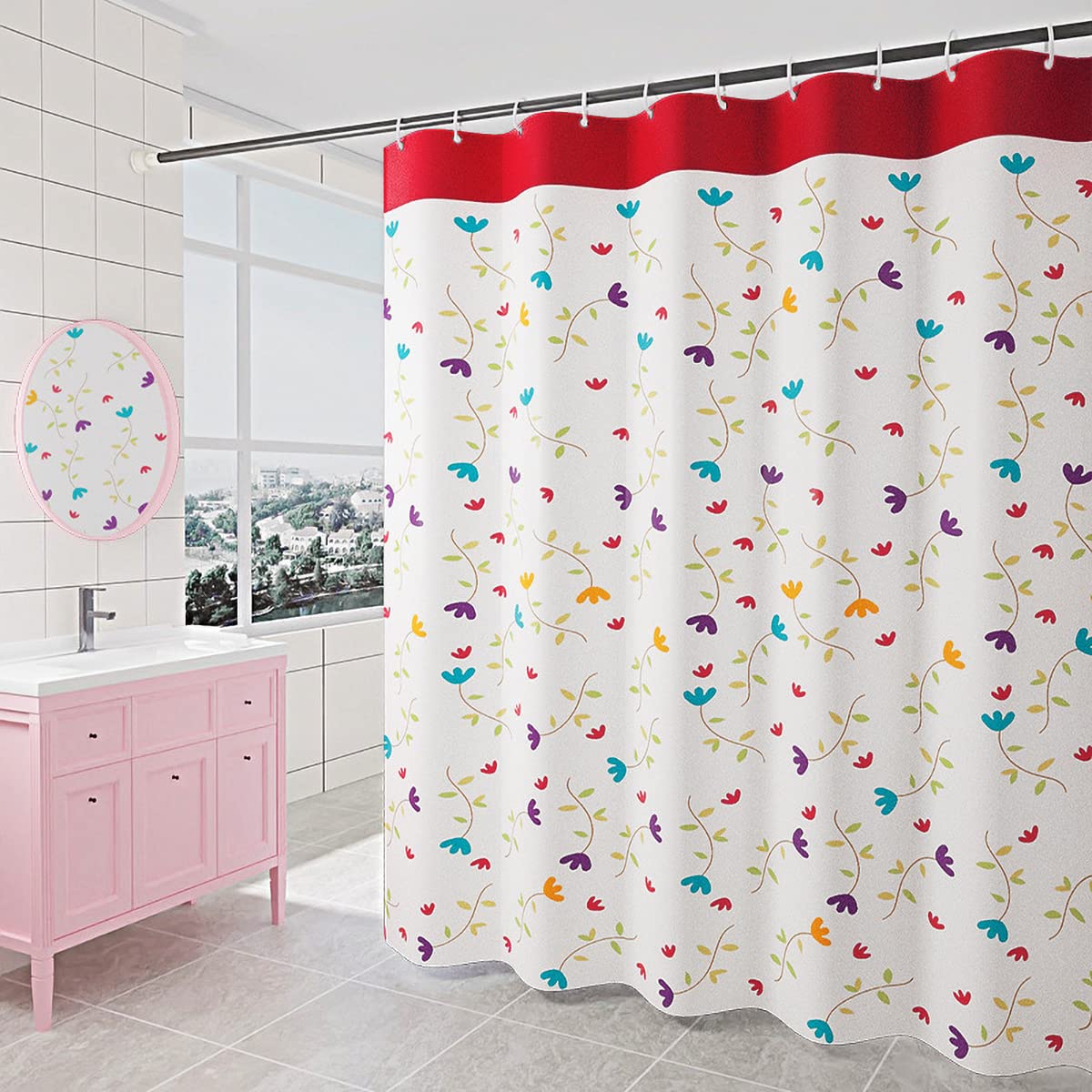 GONOVE Shower Curtain for Bathroom 200 x 200 cm Mildew Resistant Waterproof Polyester Fabric Flowers Shower Curtain Liner Long Washable Bath Curtain with Hooks, Weighted Hem