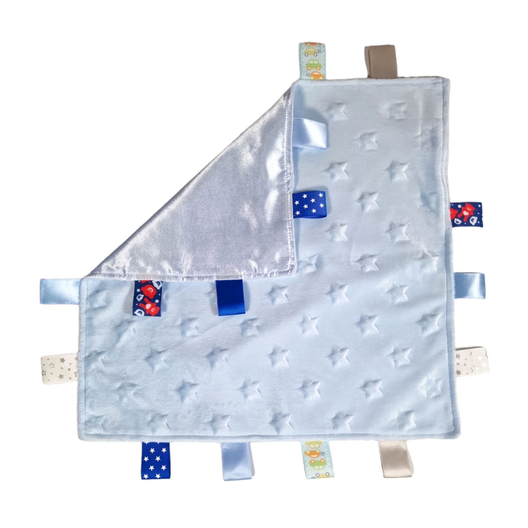 Royal Icon Baby Comforters tag blanket – Ultra Soft and Unique Design Taggies for Babies – Hypoallergenic Baby Taggy Blanket for Newborn Toddlers Boys and Girls 35x35 Cm (Blue Stars - Ri16) — image 1