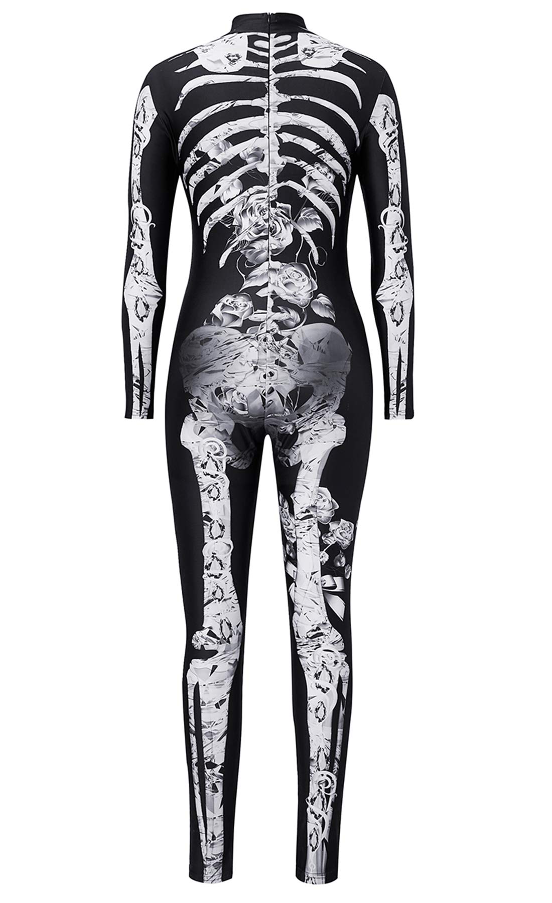 RAISEVERN Rosa Blanca Impresa Flor asustadiza del Zombi de Halloween Esqueleto Leotardo Mono de la Hembra Adulta de Manga Larga de Cuello Alto Atractivo Flaco Catsuit para el Partido de Cosplay