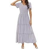 Zattcas Womens 2026 Long Summer Dress Short Flutter Sleeve V Neck Casual Smocked Tiered Modest Floral Boho Maxi Dress
