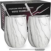 CHILLOUT LIFE 12 oz Stainless Steel Wine Tumblers 2 Pack - Double Wall Vacuum Insulated Wine Glasses Cups with Lids and Straws Set Keeping Cold & Hot for Coffee, Beer, Ice Cream - Carrara Marble