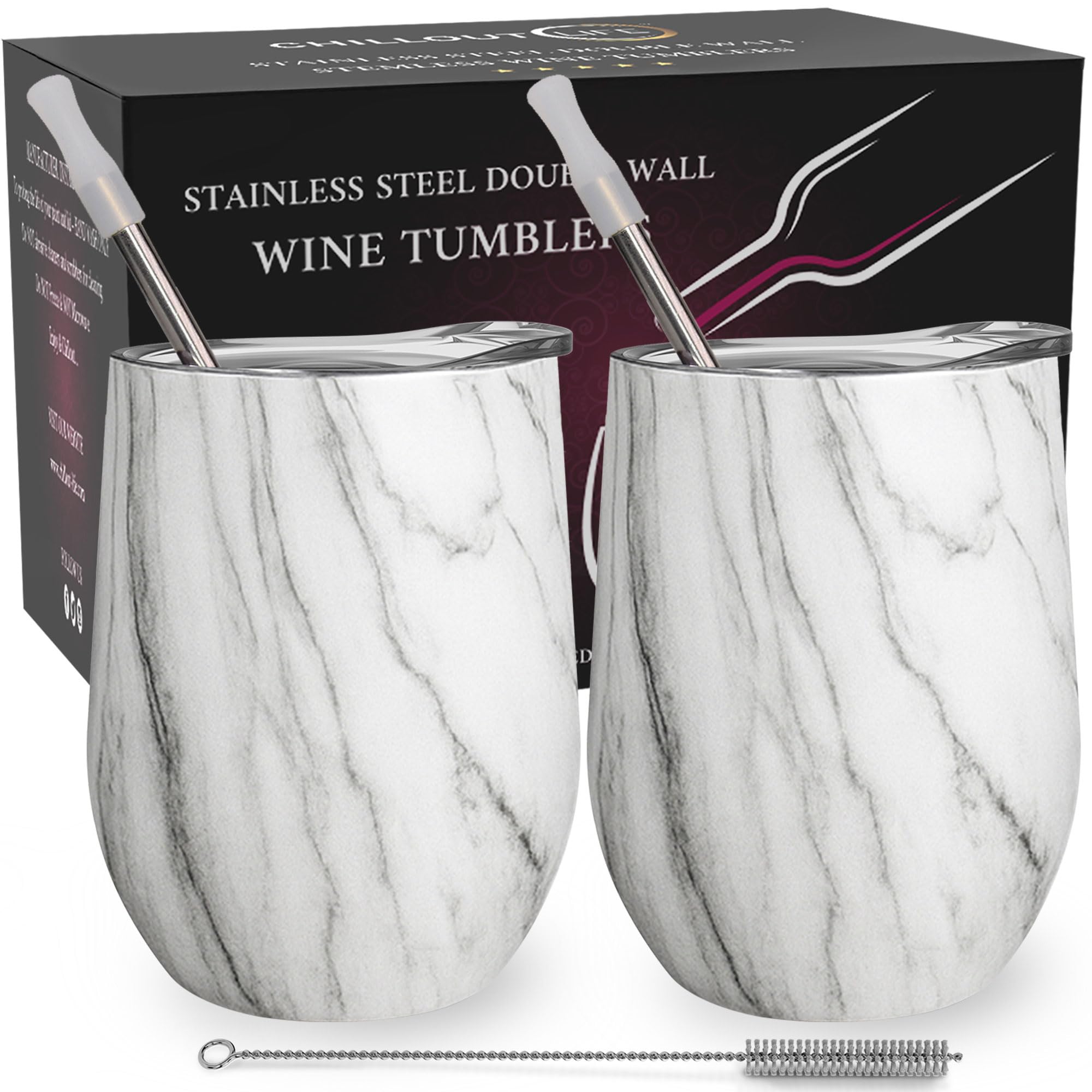 CHILLOUT LIFE Stainless Steel Wine Tumblers 2 Pack 12 oz - Double Wall Vacuum Insulated Wine Cups with Lids and Straws Set for Coffee, Wine, Cocktails (Carrara Marble)