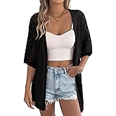 EVALESS Women's Crochet Knit Cardigan Sweaters Short Sleeve Open Front Kimonos Boho Cardigans Tops Lightweight Vacation