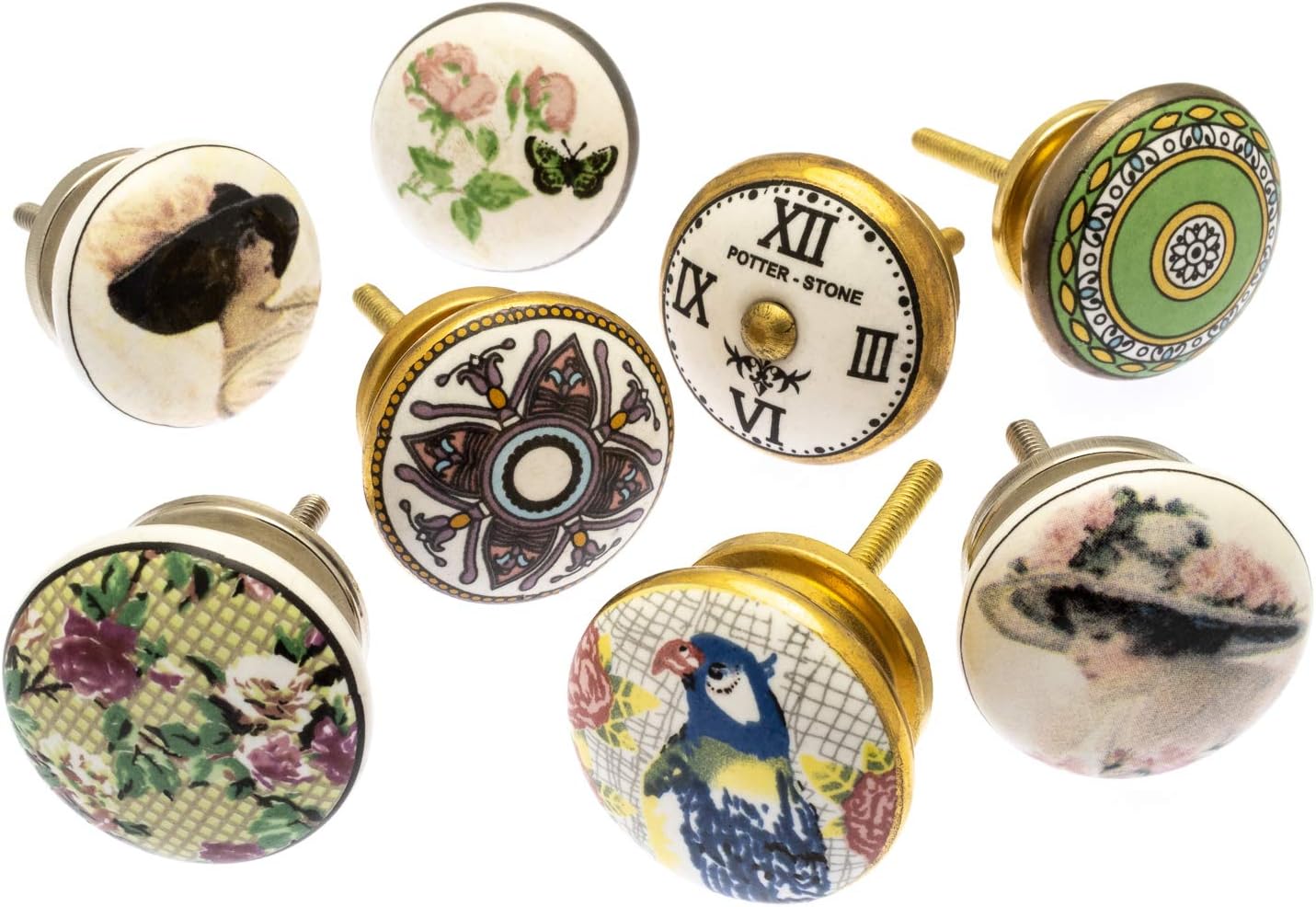 Lot mixte de 8 boutons de placard en céramique de designer chantournés