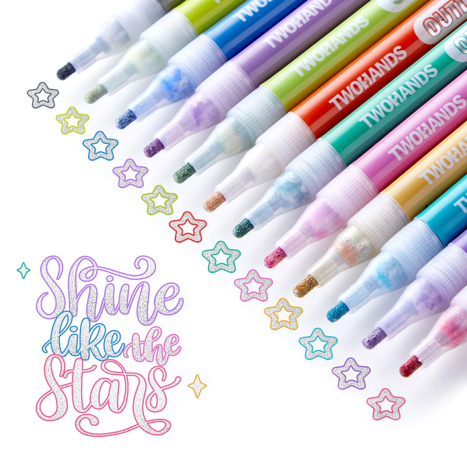 TWOHANDS Outline Markers,Glitter Metallic Markers,12 Assorted Colors,Great for writing and drawing lines on Paper,Posters,Greeting and Gift Cards 19004