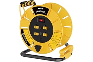 WILAWELS Extension Cord Storage Reel with 4-Grounded Outlet & 2 USB Port, 15A Circuit Breaker, Heavy Duty Open Cord Reel for 12/3,14/3 Gauge Power Cord, Hand Wind Retractable,ETL Listed Yellow Y85CR06