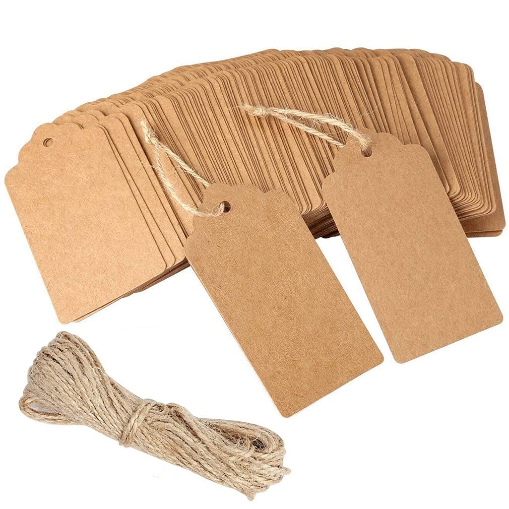 Kraft Paper Tags Brown Card 100 PCS Gift Tags for Presents Christmas Decorations 9 x 4.5 cm Brown Tag Crafts Paper with 10M Jute Twine String DIY Hang Labels