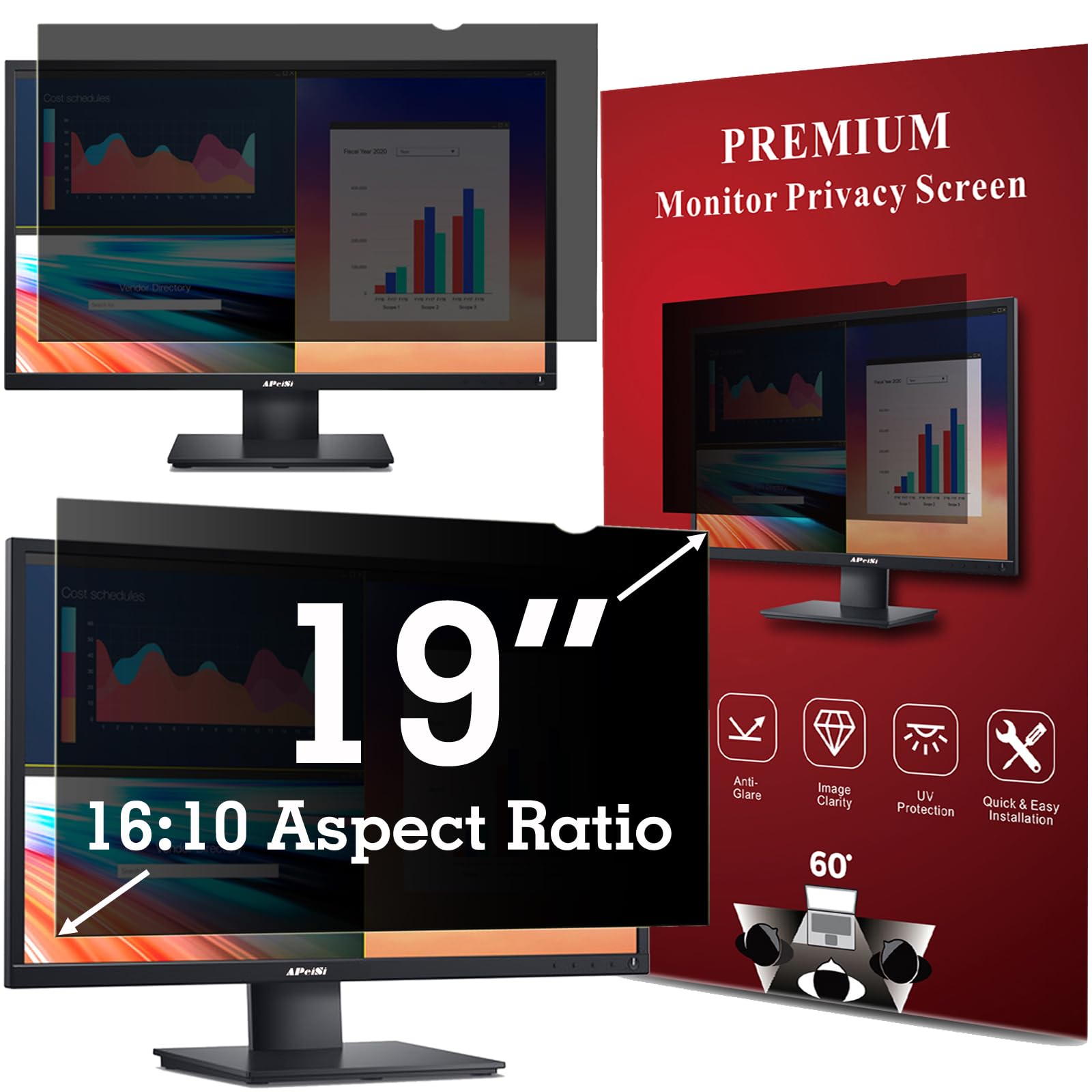 Photo 1 of APeiSi 19 Inch Computer Privacy Screen Filter for 16:10 Widescreen Monitor - Privacy Screen Shield,Anti-Glare and Anti-Blue light Screen Protector