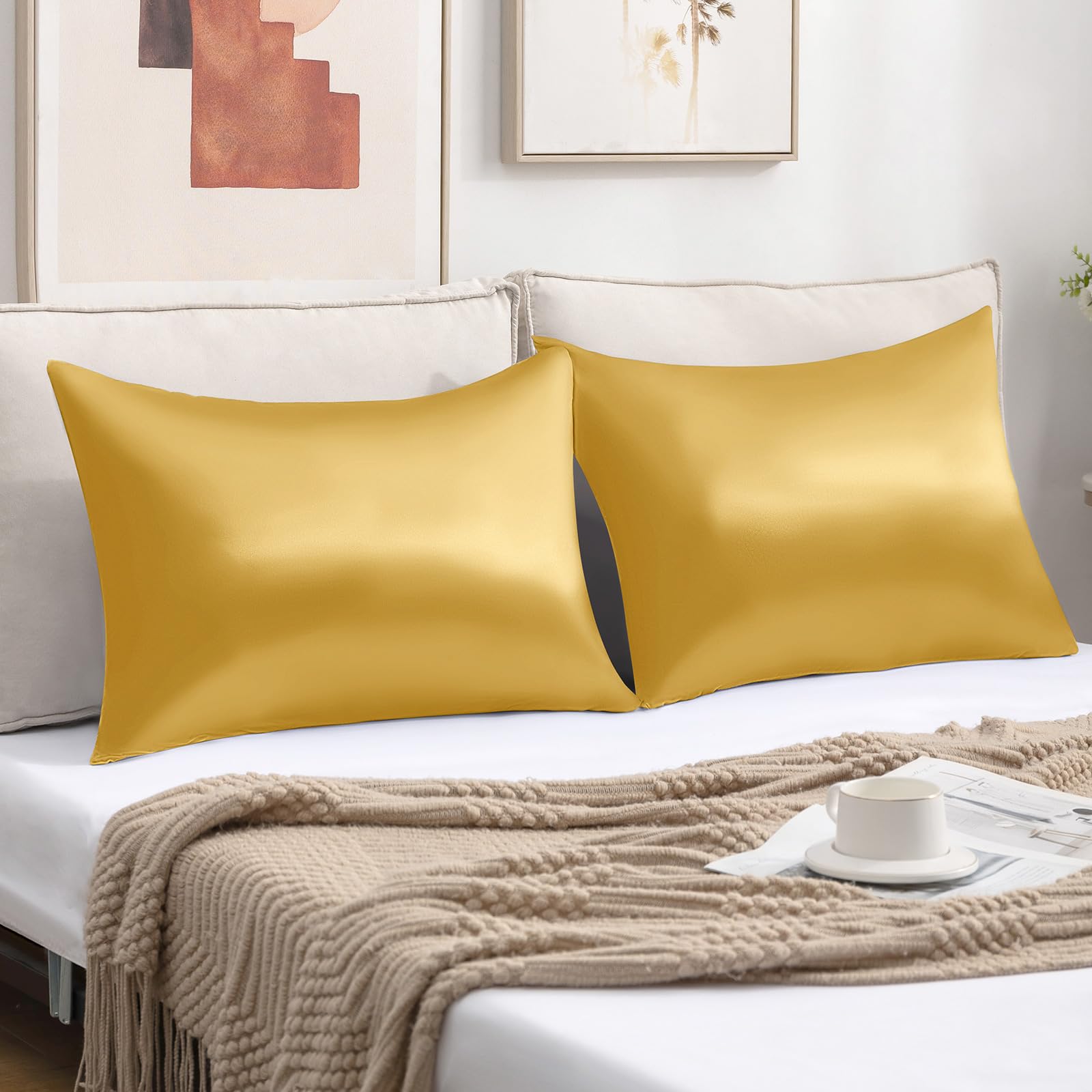 Satin Pillowcases Standard Set of 2 - Silk Soft Pillow Cases for Hair and Skin 20x26 inches,Gold Satin Pillow Covers 2 Pack with Envelope Closure for Home,School, Hotel - Image 5