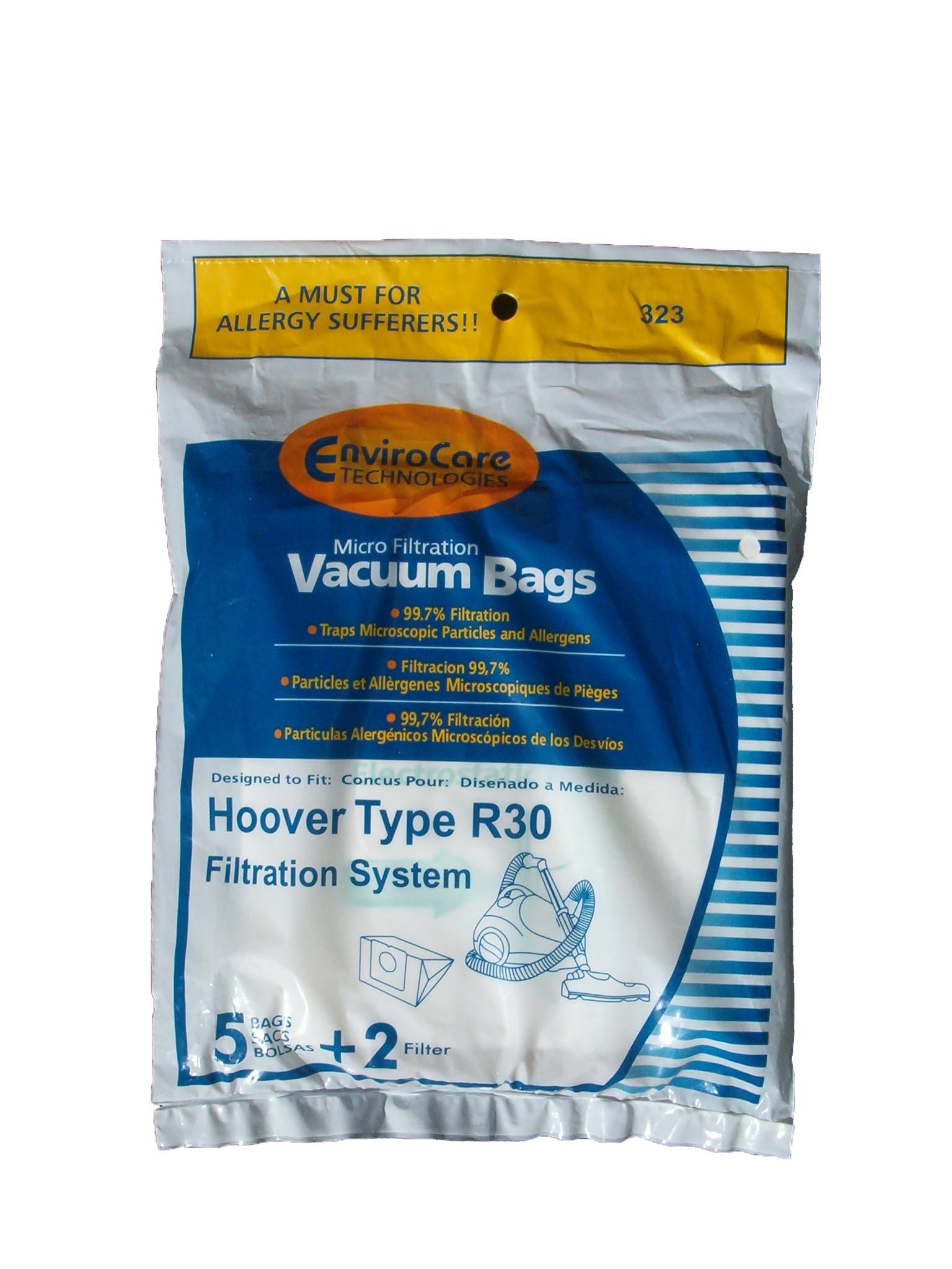 5 Hoover R30 Allergy Canister Vacuum Cleaner Bags + 2 Filters, 40101002