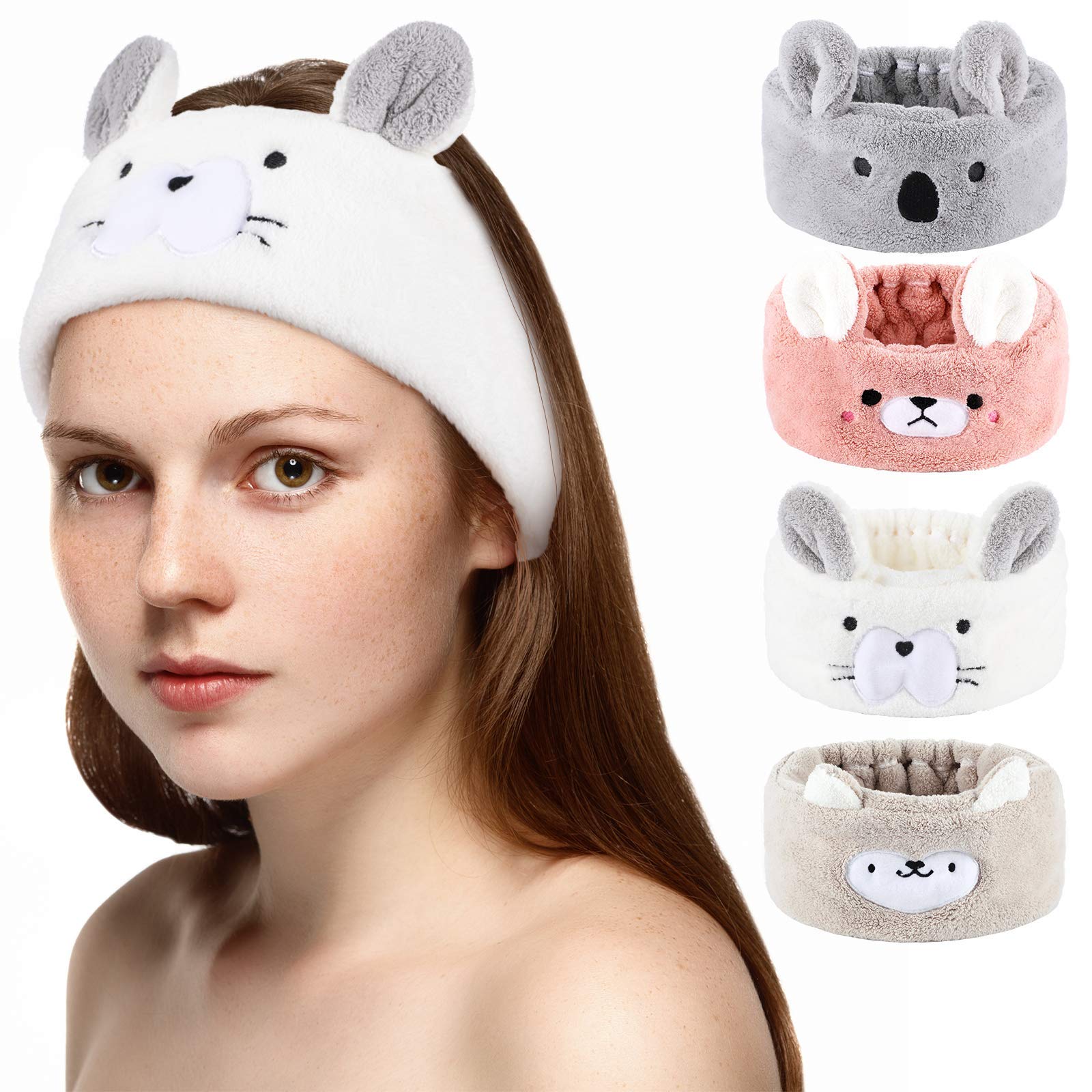 Chuangdi 4 Pieces Animal Hair Bands Face Wash Headband Spa Animal Ears for Skincare Makeup Spa Headband Washing Face Coral Fleece Plush Hairband for Women Girls(Adorable Style,Cute Colors)