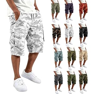 lcyhony Camo Cargo Shorts for Men Relaxed fit Elastic Waist Long Athletic Shorts Summer Plus Size Hiking Shorts Multi Pockets